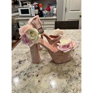 Sugar Thrillz Pink Velvet Roses Platform Open Toe Strappy Heels sz 11 NWOB